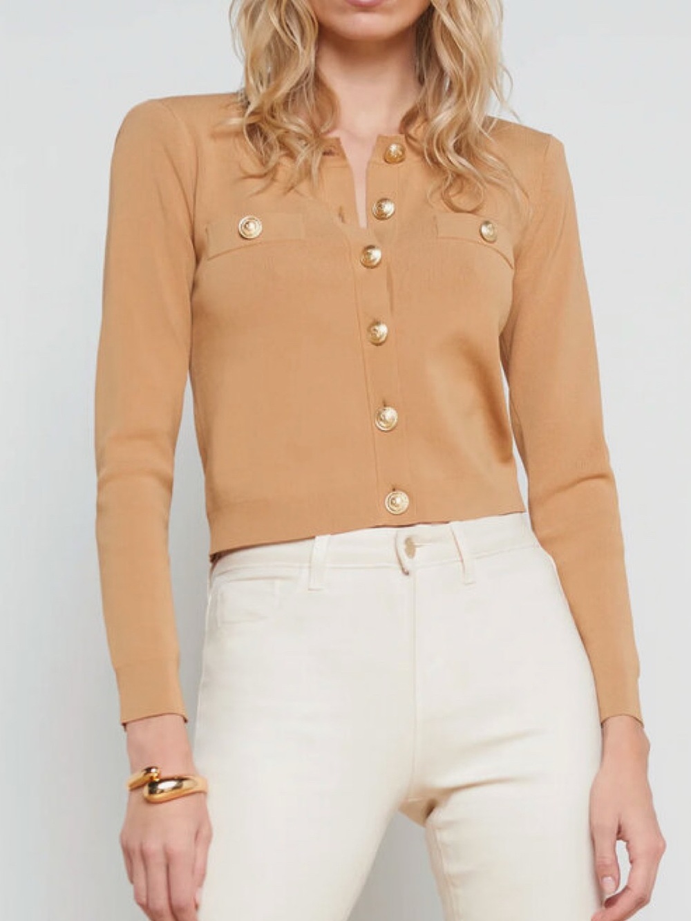 L’AGENCE Toulouse Crop Cardigan | Soft Camel | Gold Button | NWOT | Retail $475